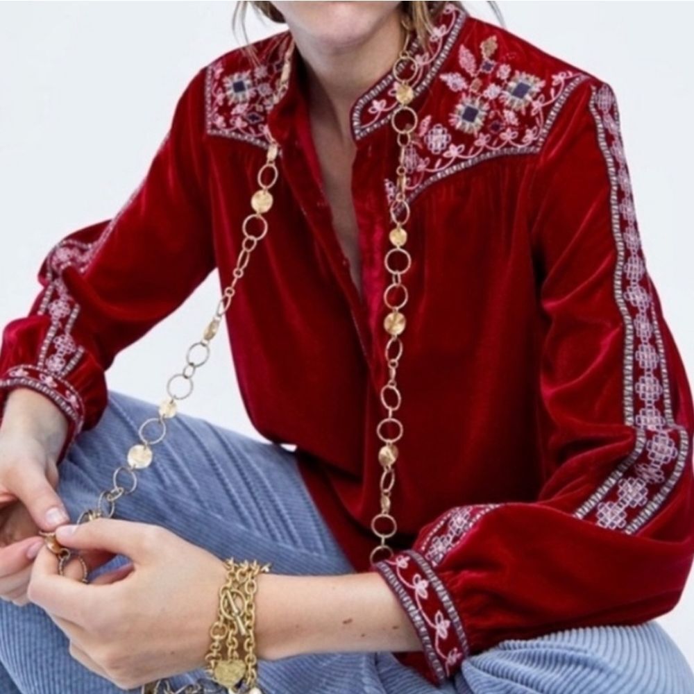 Zara Embroidered Boho Velvet Top Size L Holiday Almost Famous‎ Boho Cottagecore